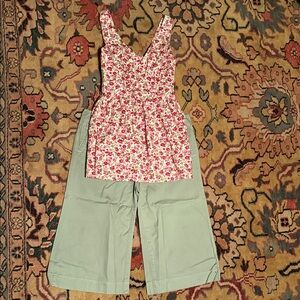 Floral Pink halter top with Green long shorts/capris both all cotton